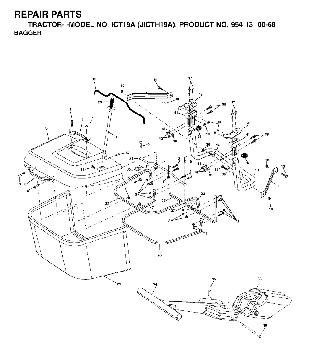 Bagger Diagram and Parts List for ICT19A (954130068)(2002-02) Jonsered Lawn Tractor