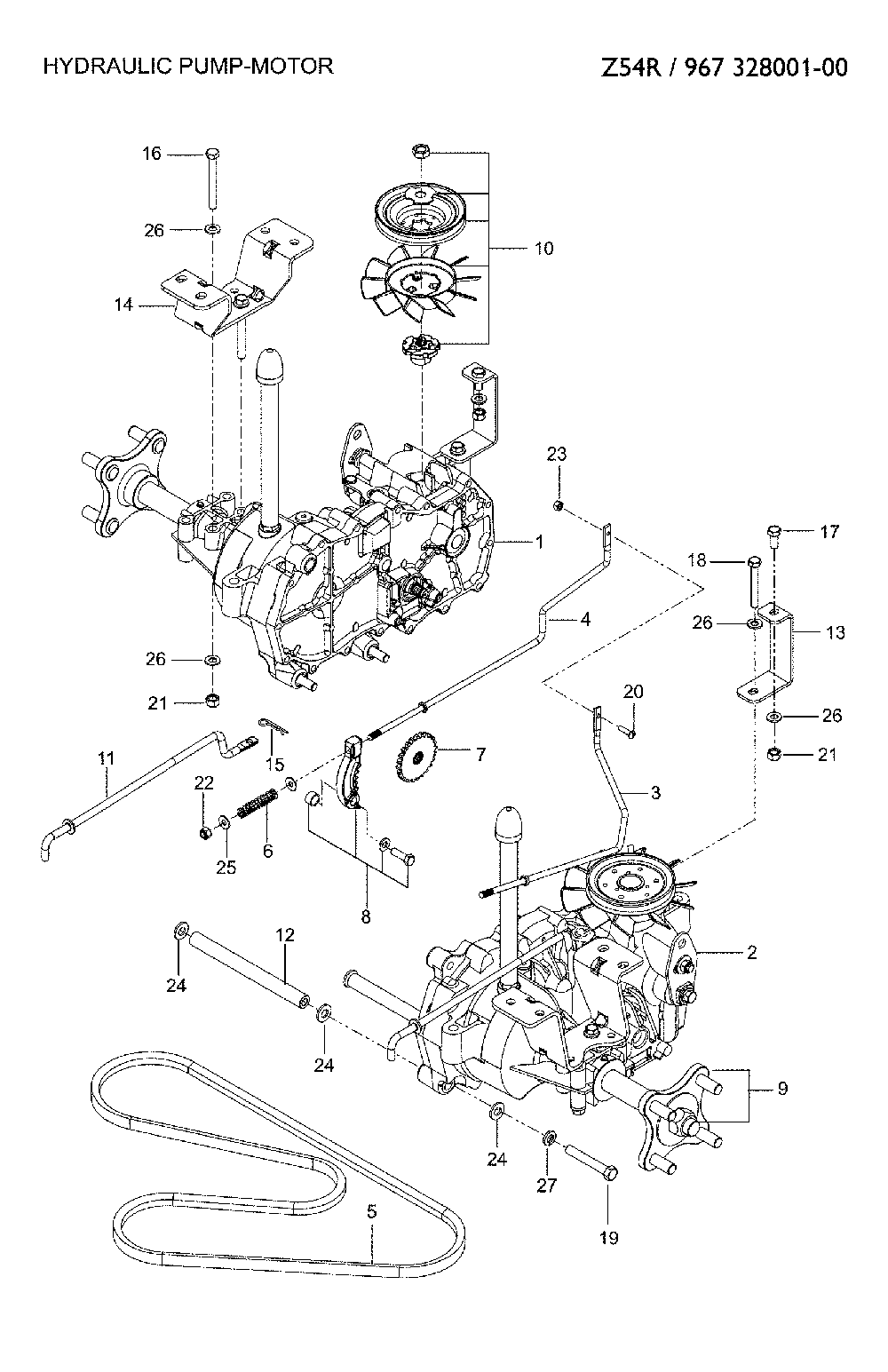 Hydraulic pump-motor Diagram and Parts List for 967328001-00  Jonsered Lawn Mower