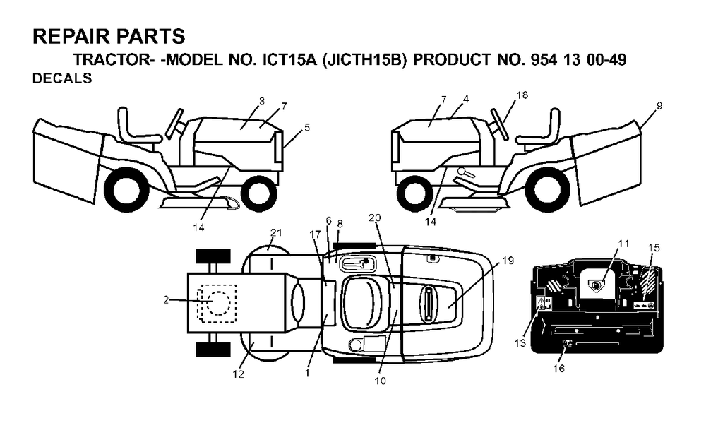 Decals Diagram and Parts List for ICT15A (954130049-B)(2001-02) Jonsered Lawn Tractor