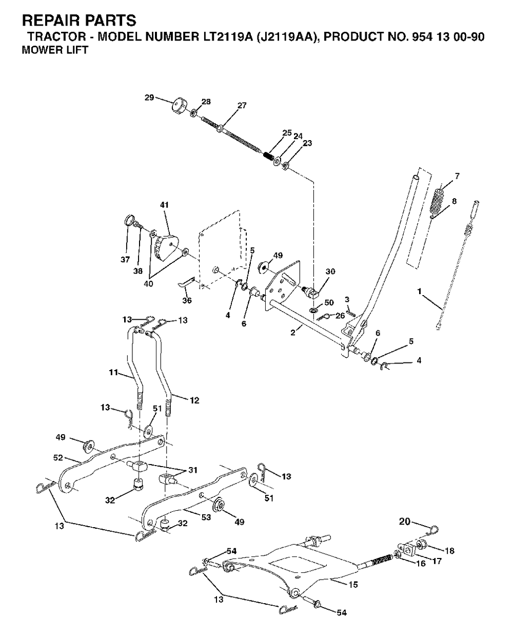 Mower Lift / Deck Lift Diagram and Parts List for LT2119A (954130090)(2003-01) Jonsered Lawn Tractor
