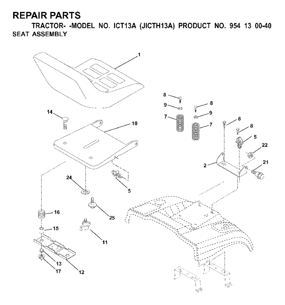 Seat Diagram and Parts List for ICT13A (954130040)(2000-02) Jonsered Lawn Tractor