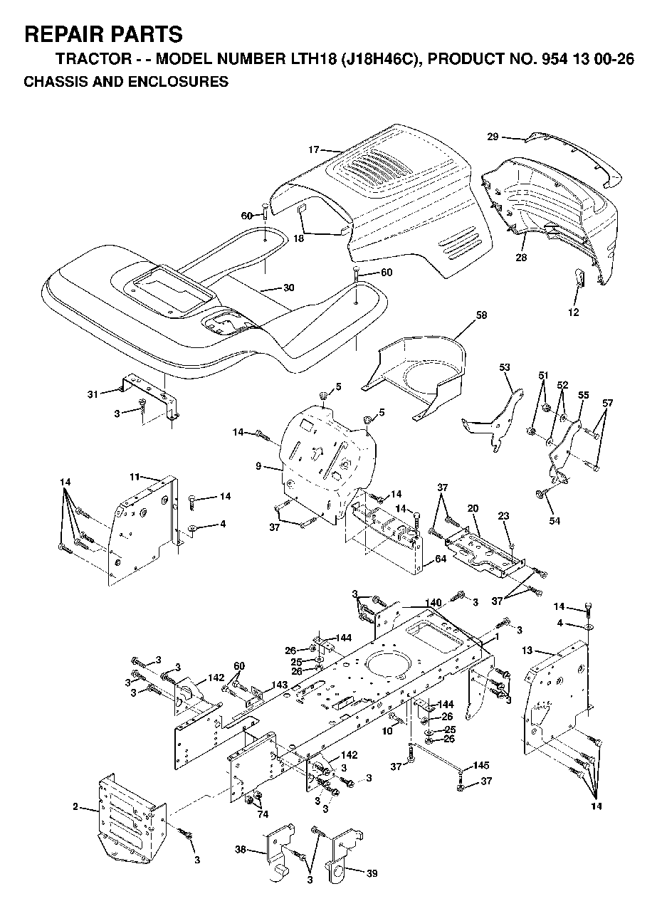 Chassis Enclosures Diagram and Parts List for LTH18 (954130026)(1998-12) Jonsered Lawn Tractor