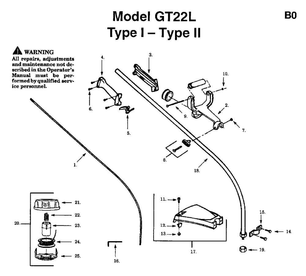 Shaft Handle Diagram and Parts List for GT22L 1994-01 Jonsered Trimmer