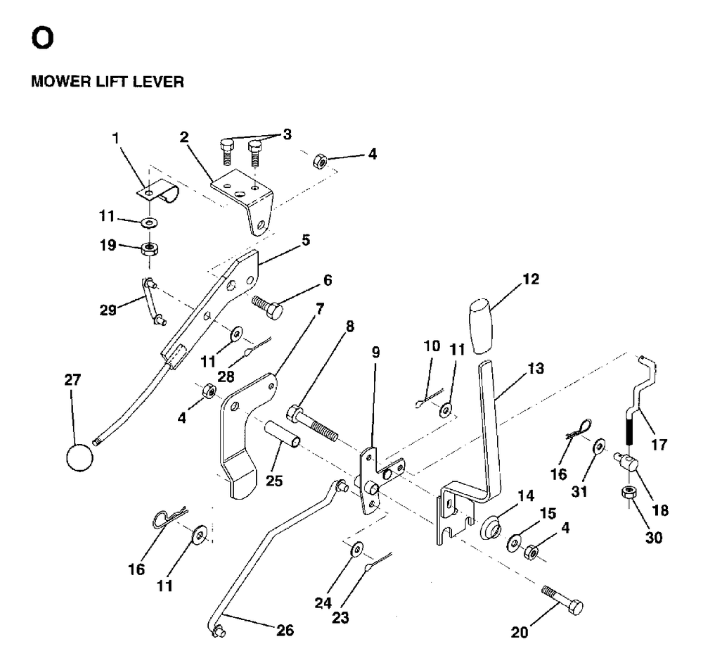 Mower Lift Lever Diagram and Parts List for LR11 (954130002)(1997-04) Jonsered Lawn Tractor