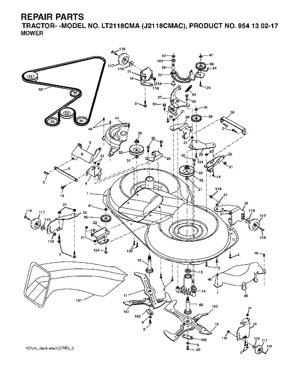 Mower Deck / Cutting Deck Diagram and Parts List for LT2118CMA (954130217-C)(2004-06) Jonsered Lawn Tractor