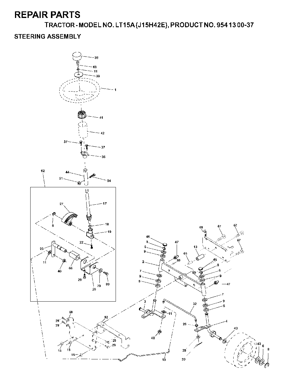Steering Diagram and Parts List for LT15A (954130037-E)(2000-02) Jonsered Lawn Tractor