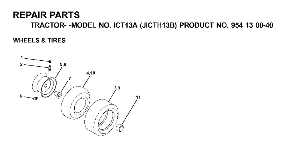 Wheels Tires Diagram and Parts List for ICT13A (954130040)(2000-04) Jonsered Lawn Tractor