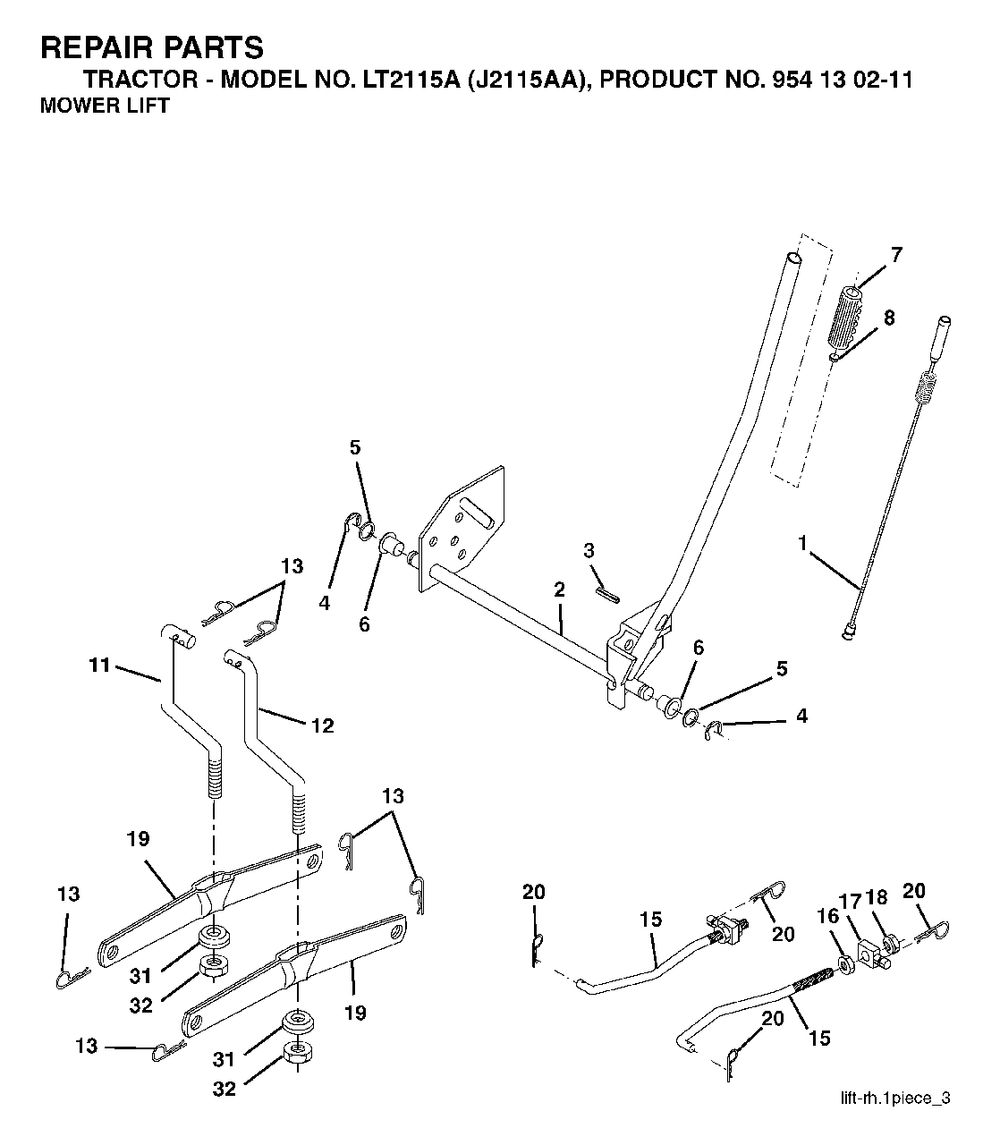 Mower Lift / Deck Lift Diagram and Parts List for LT2115A (954130211)(2004-01) Jonsered Lawn Tractor