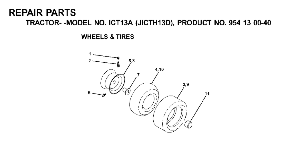 Wheels Tires Diagram and Parts List for ICT13A (954130040-D)(2001-02) Jonsered Lawn Tractor