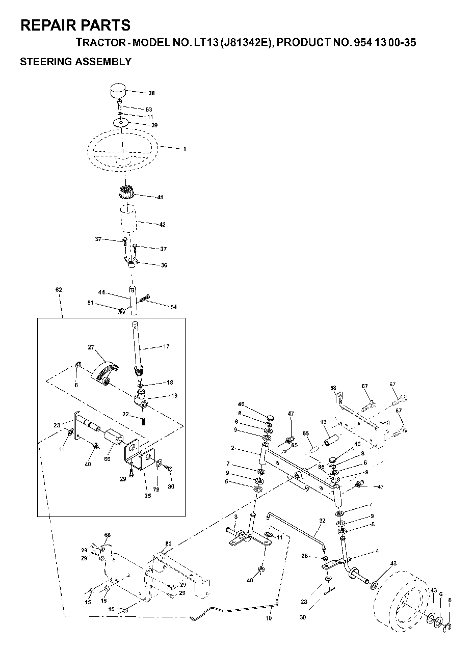 Steering Diagram and Parts List for LT13 (954130035)(2000-02) Jonsered Lawn Tractor