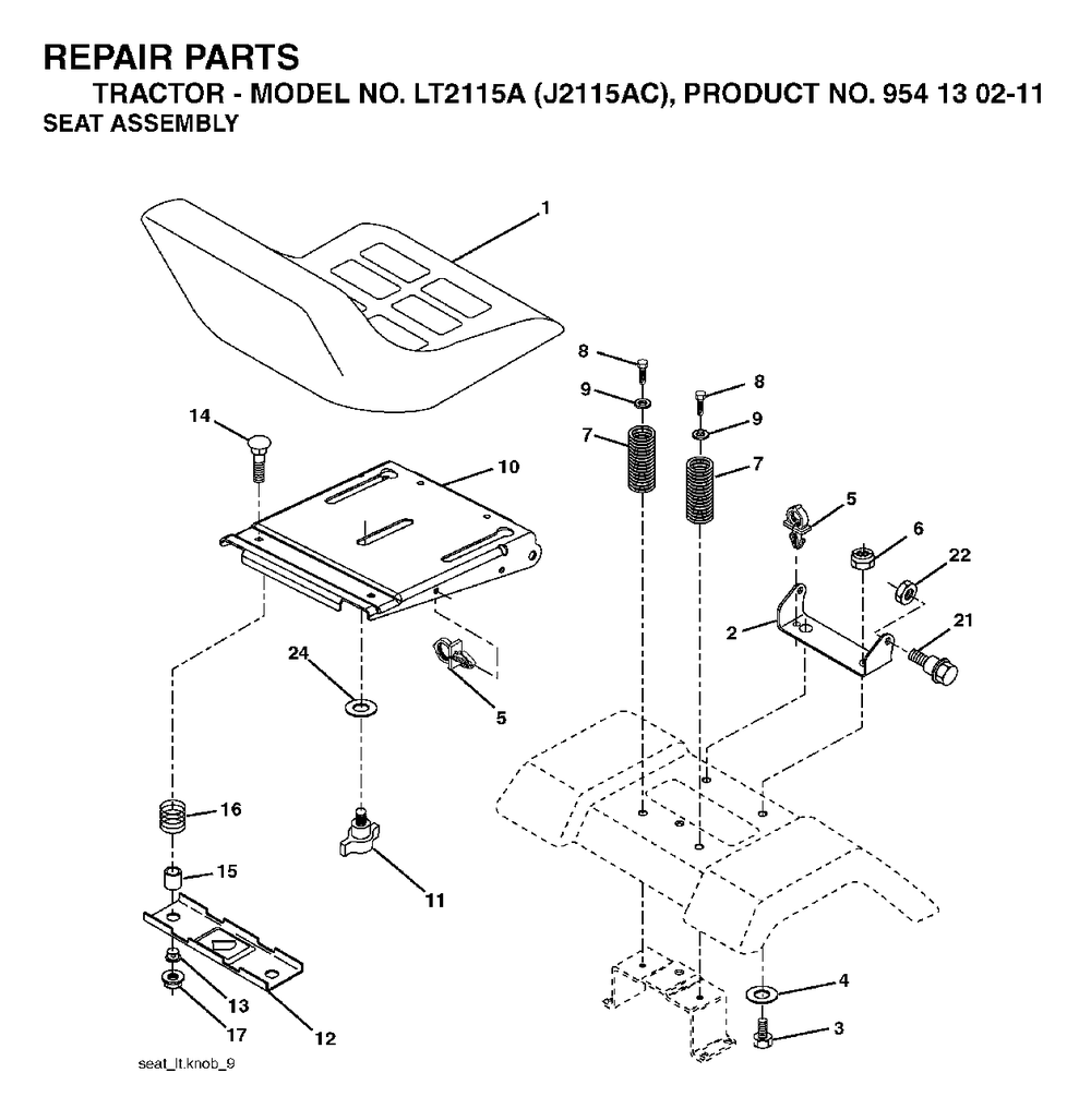 Seat Diagram and Parts List for LT2115A (954130211)(2004-09) Jonsered Lawn Tractor