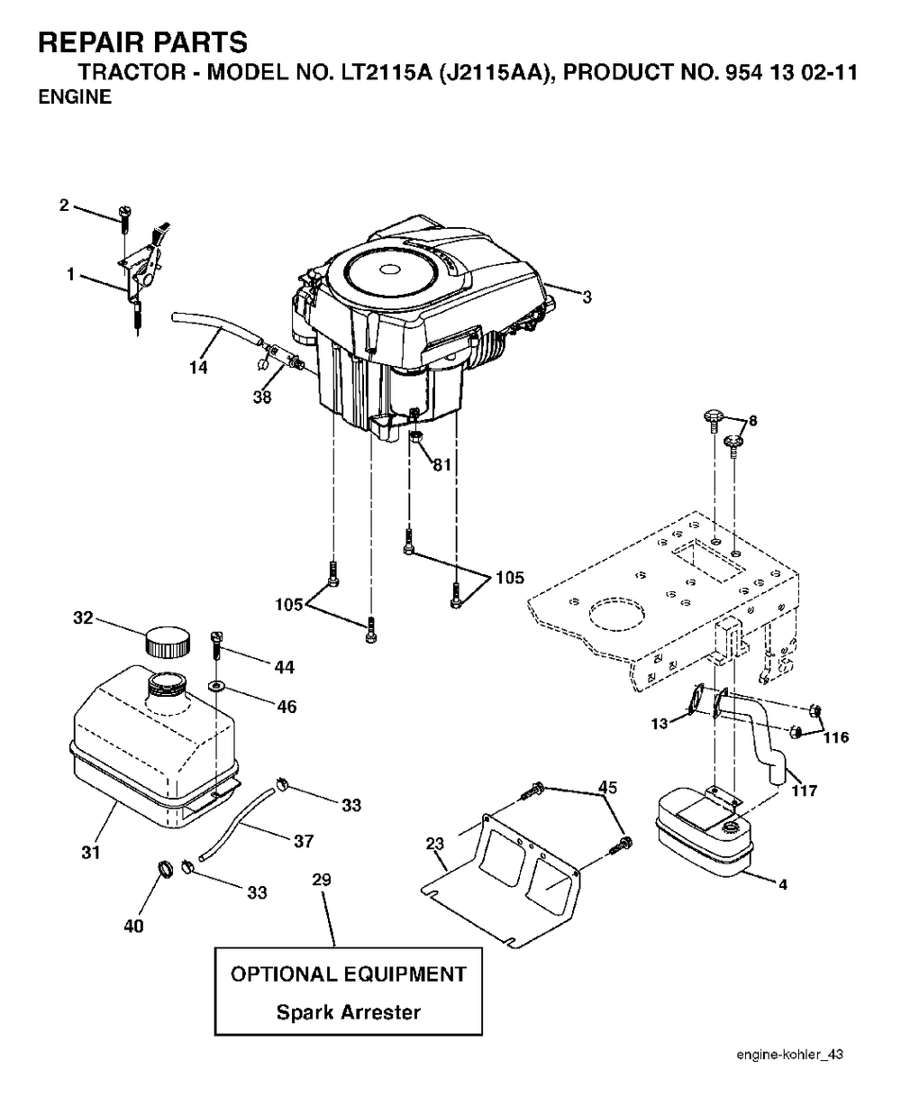 Engine Cutting Equipment Diagram and Parts List for LT2115A (954130211)(2004-01) Jonsered Lawn Tractor