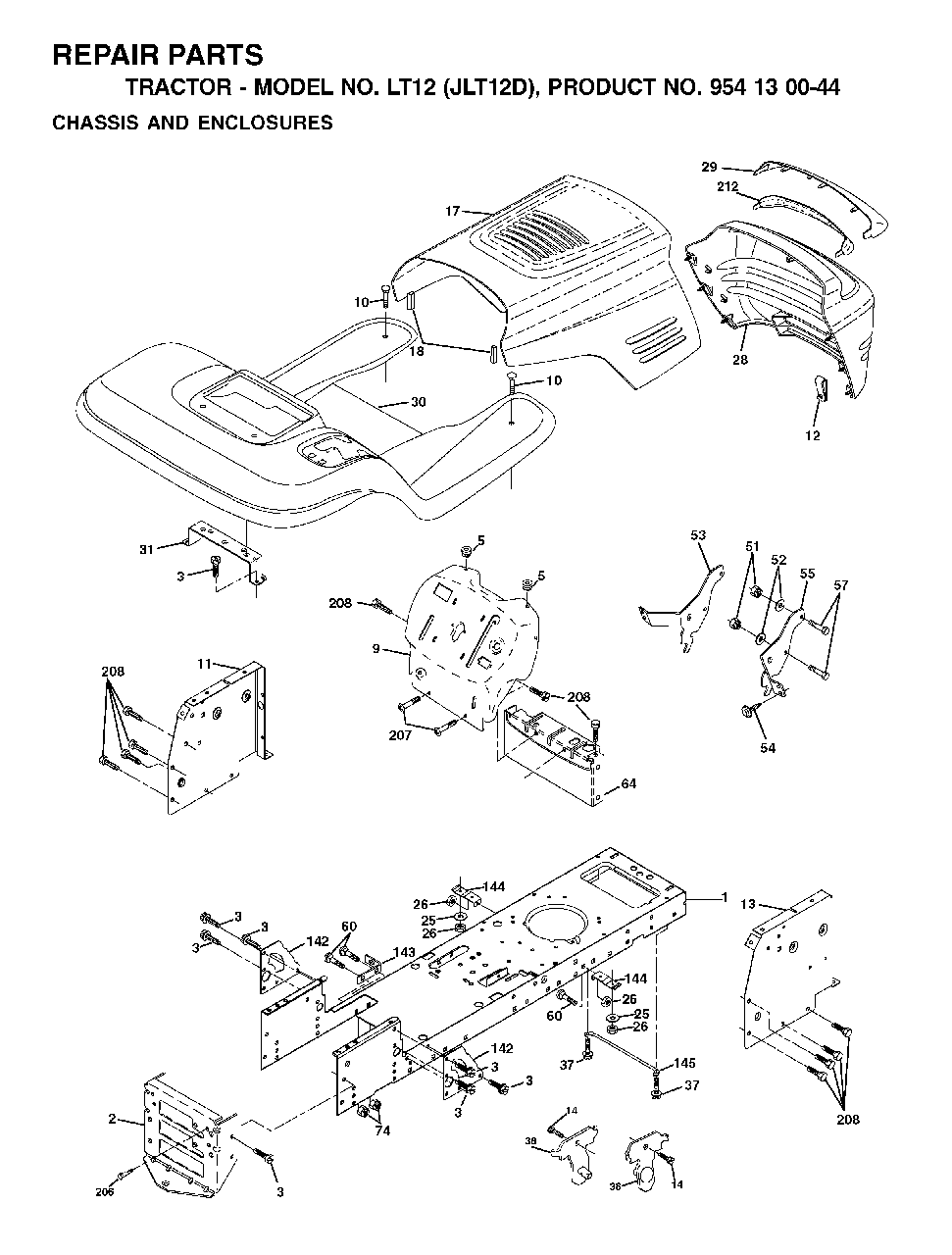 Chassis Enclosures Diagram and Parts List for LT12 (954130044)(2002-02) Jonsered Lawn Tractor