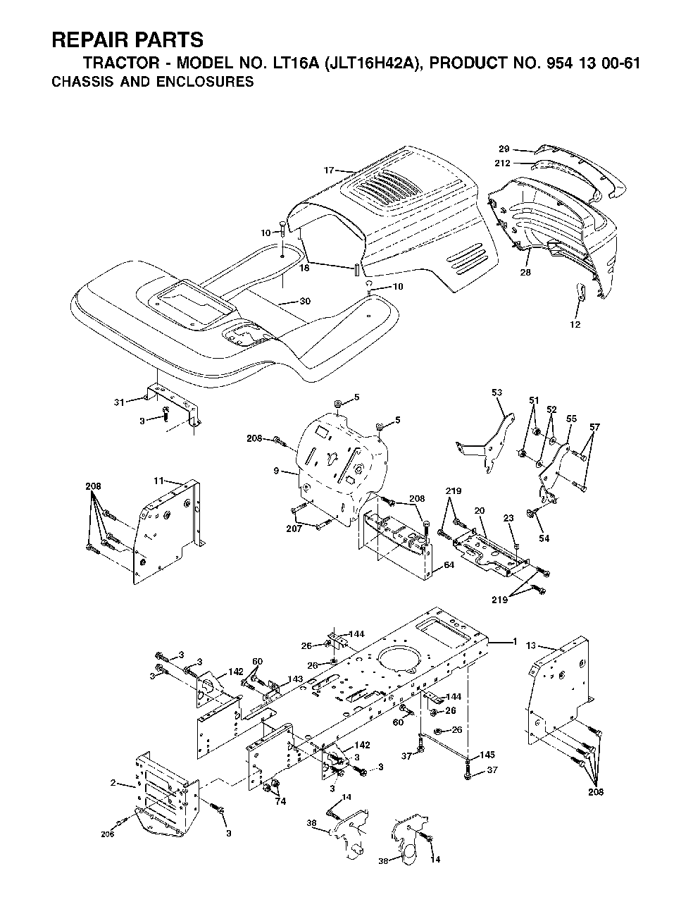 Chassis Enclosures Diagram and Parts List for LT16A (954130061)(2002-06) Jonsered Lawn Tractor