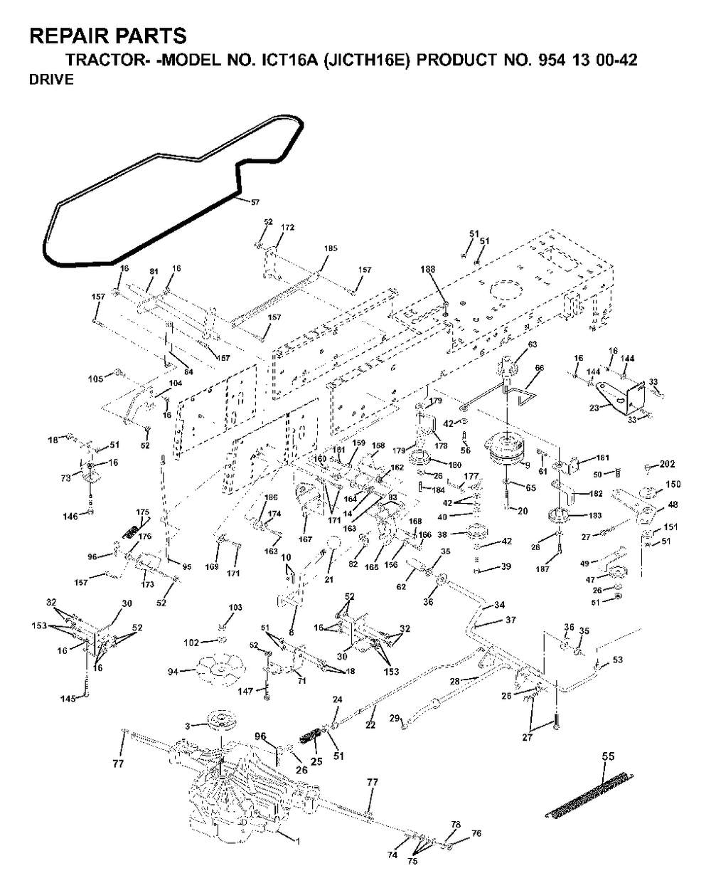 Drive Diagram and Parts List for ICT16A (954130042-E)(2000-04) Jonsered Lawn Tractor