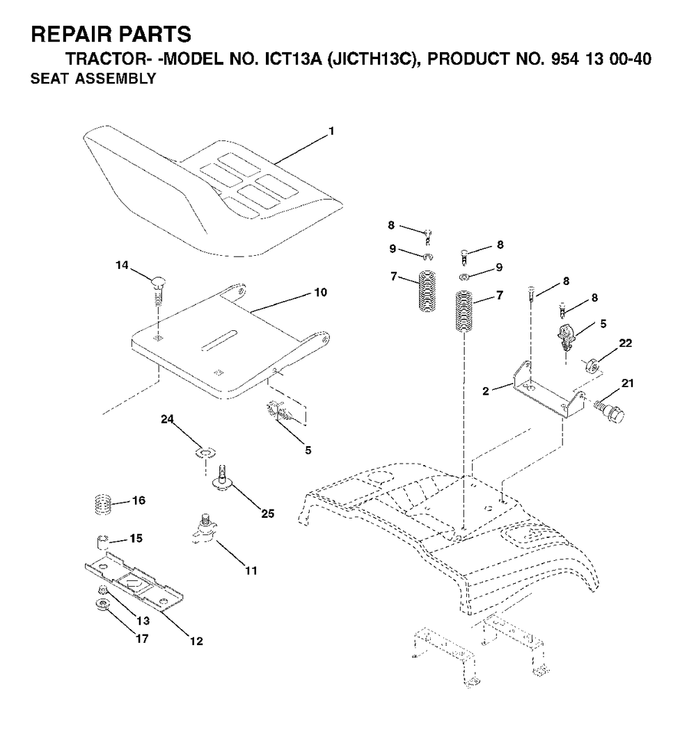 Seat Diagram and Parts List for ICT13A (954130040-C)(2001-02) Jonsered Lawn Tractor