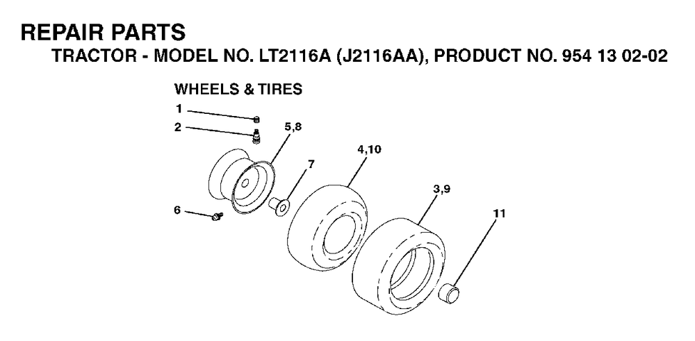 Wheels Tires Diagram and Parts List for LT2116A (954130202-A)(2003-01) Jonsered Lawn Tractor