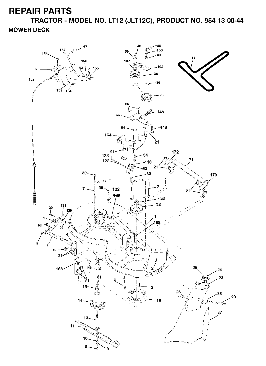 Mower Deck / Cutting Deck Diagram and Parts List for LT12 (954130044)(2001-09) Jonsered Lawn Tractor