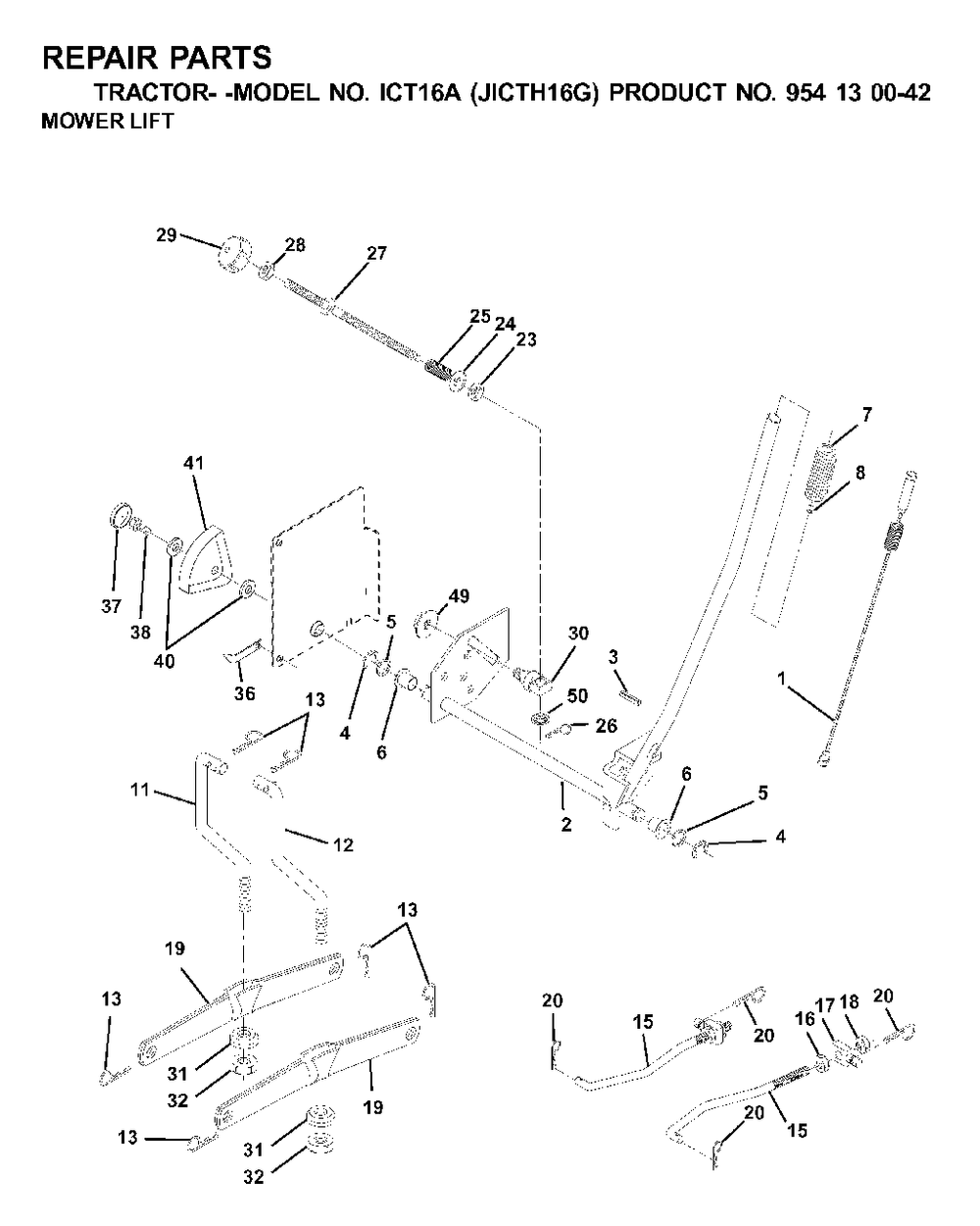Mower Lift / Deck Lift Diagram and Parts List for ICT16A (954130042-G)(2001-02) Jonsered Lawn Tractor