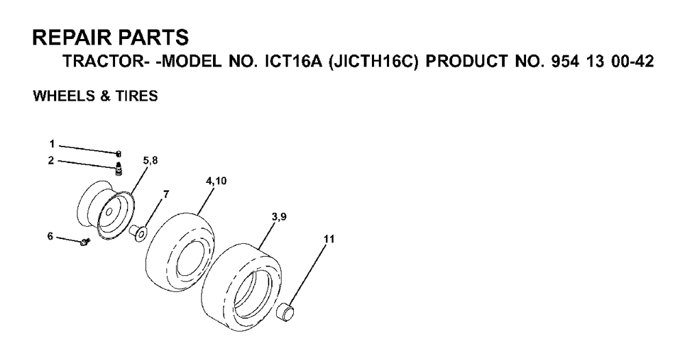 Wheels Tires Diagram and Parts List for ICT16A (954130042)(2000-02) Jonsered Lawn Tractor