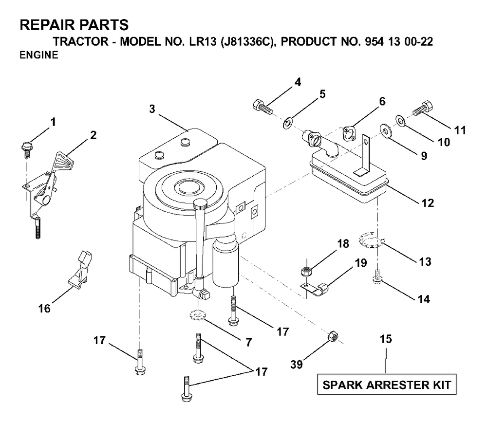 Engine Cutting Equipment Diagram and Parts List for LR13 (954130022)(2000-03) Jonsered Lawn Tractor