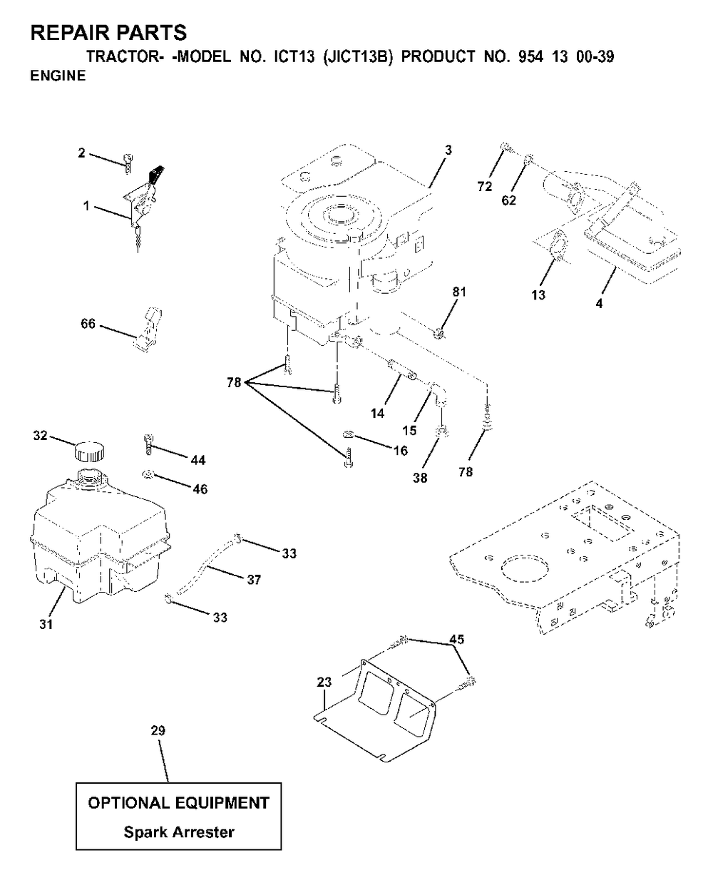 Engine Cutting Equipment Diagram and Parts List for ICT13 (954130039)(2000-02) Jonsered Lawn Tractor