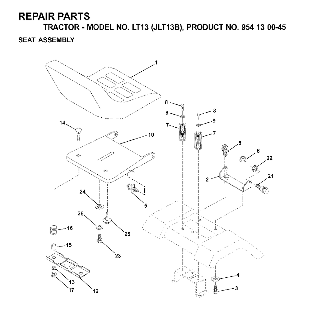 Seat Diagram and Parts List for LT13 (954130045)(2001-02) Jonsered Lawn Tractor