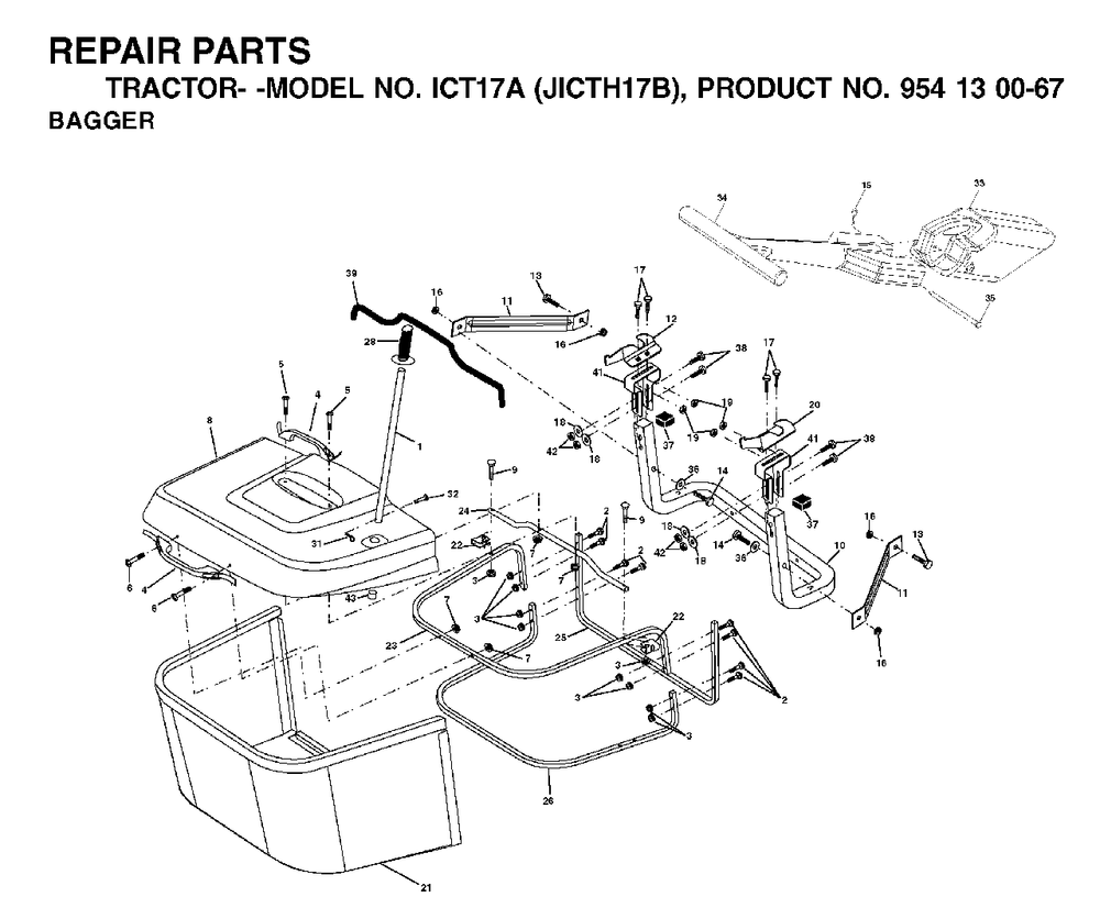 Bagger Diagram and Parts List for ICT17A (954130067)(2002-06) Jonsered Lawn Tractor