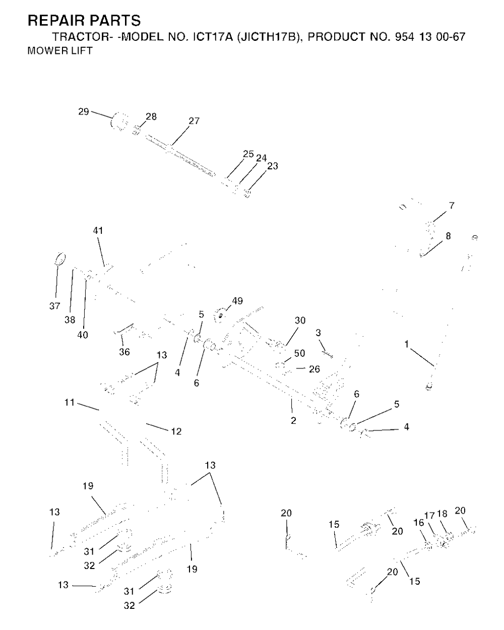 Mower Lift / Deck Lift Diagram and Parts List for ICT17A (954130067)(2002-06) Jonsered Lawn Tractor