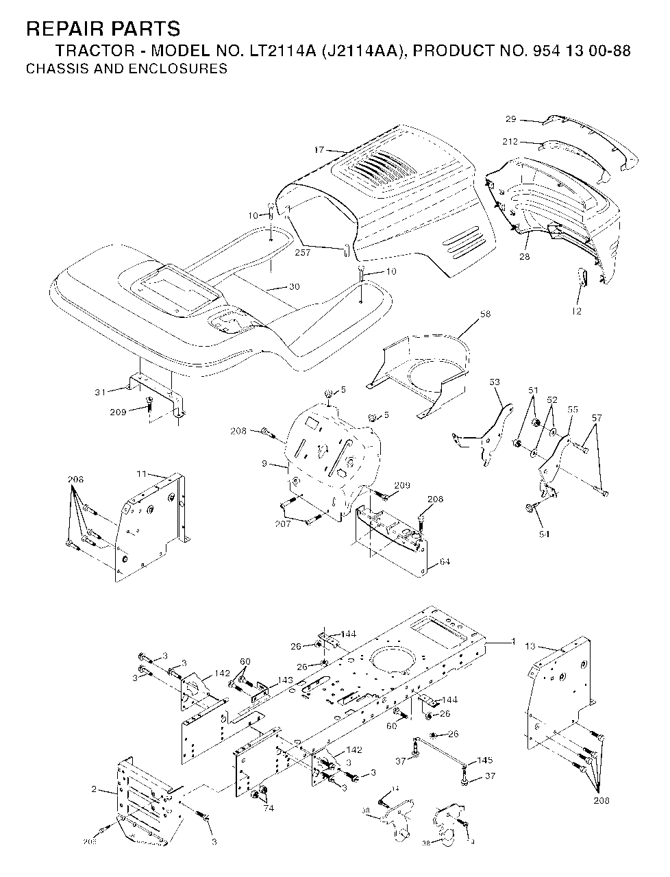 Chassis Enclosures Diagram and Parts List for LT2114A (954130088)(2003-01) Jonsered Lawn Tractor