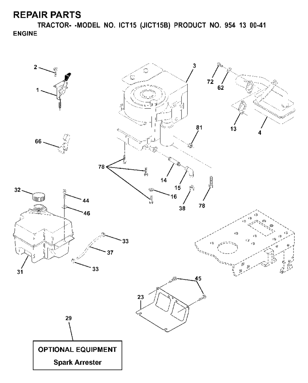 Engine Cutting Equipment Diagram and Parts List for ICT15 (954130041)(2000-02) Jonsered Lawn Tractor