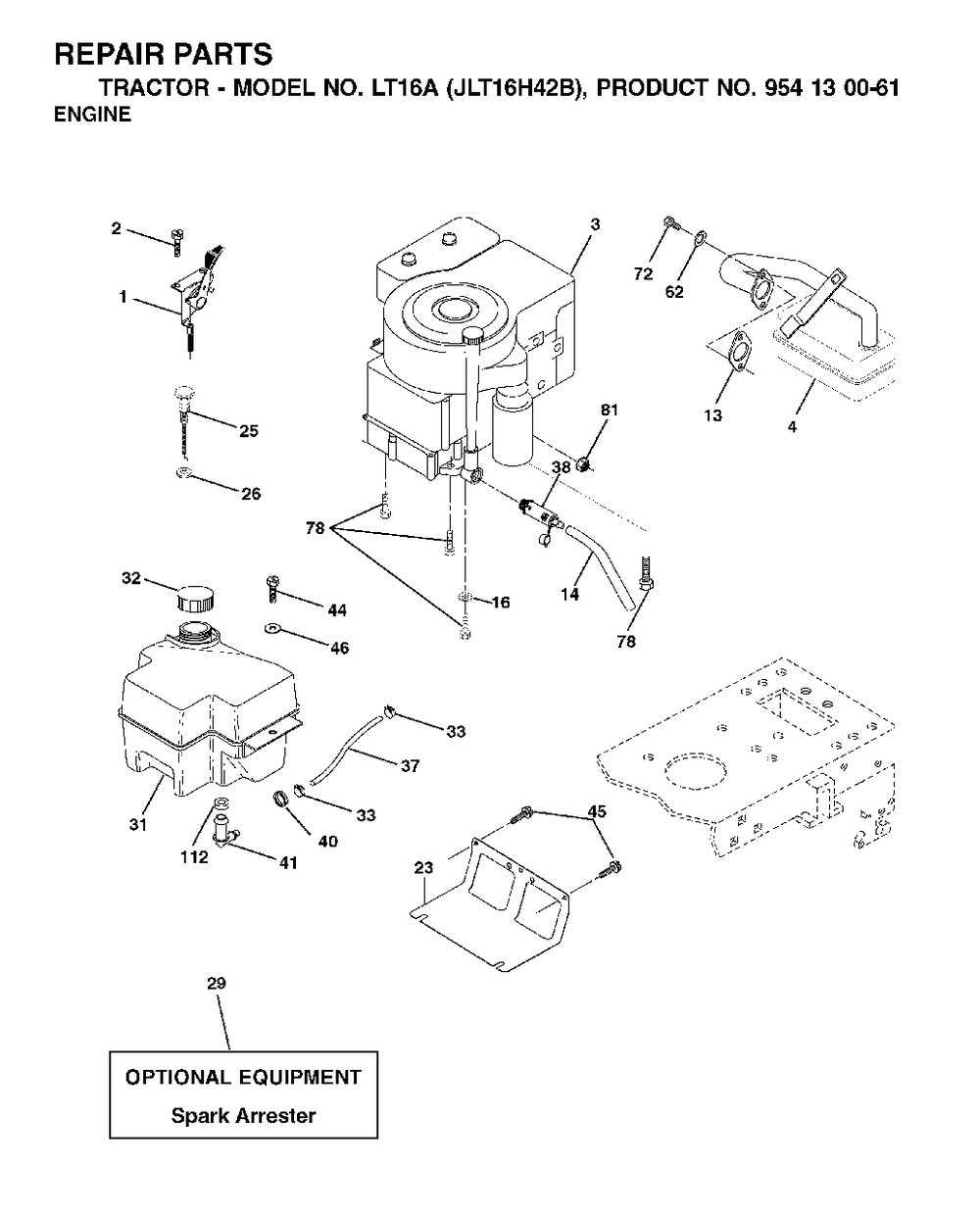 Engine Diagram and Parts List for LT16A (954130061)(2002-03) Jonsered Lawn Tractor