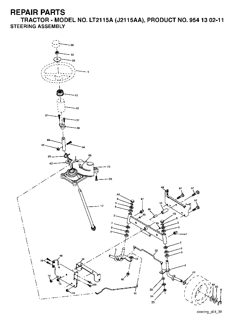 Steering Diagram and Parts List for LT2115A (954130211)(2004-01) Jonsered Lawn Tractor