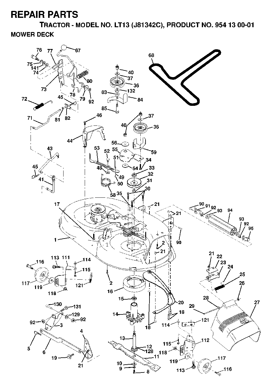 Mower Deck / Cutting Deck Diagram and Parts List for LT13 (954130001)(1998-12) Jonsered Lawn Tractor