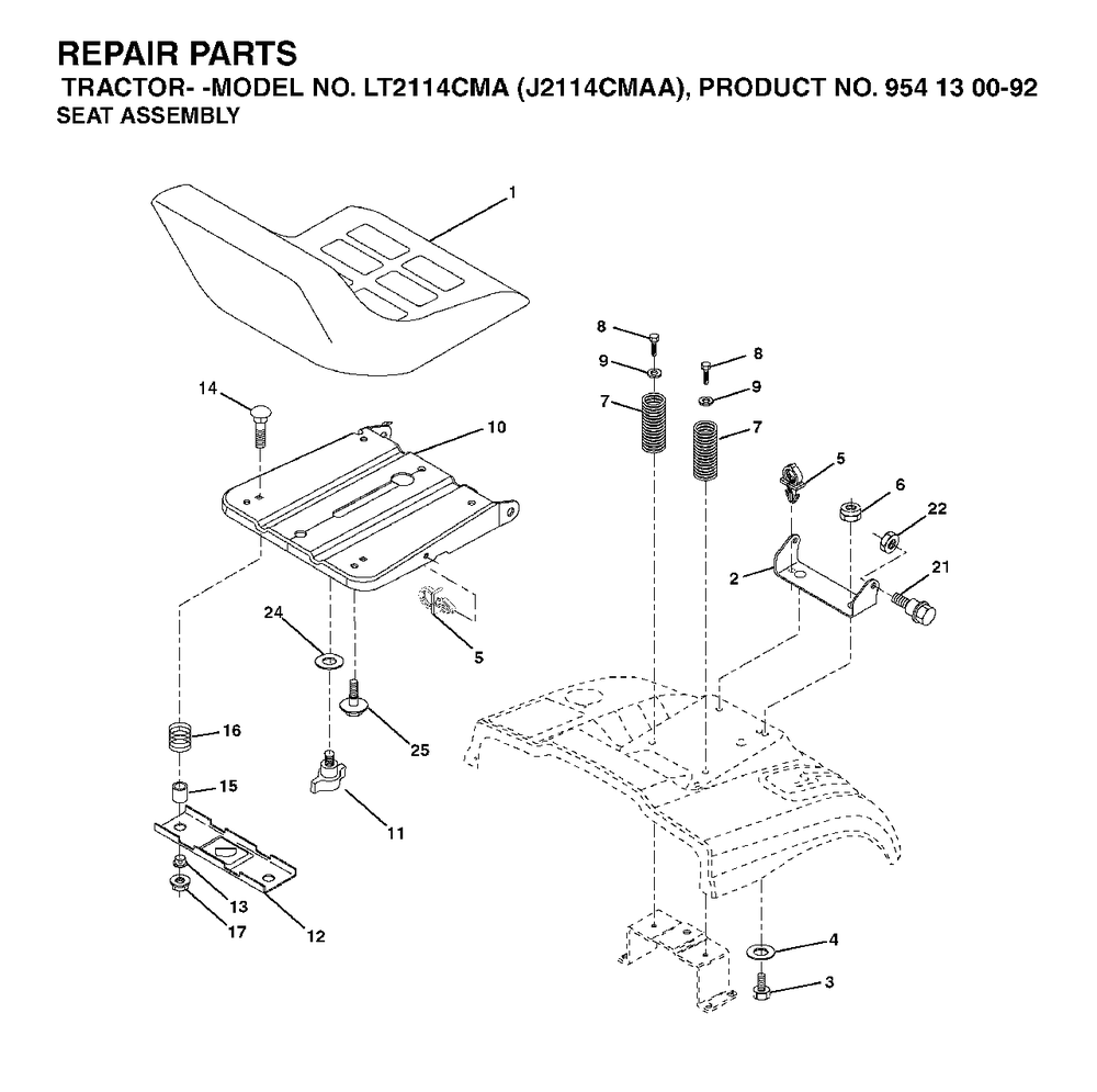 Seat Diagram and Parts List for LT2114CMA (954130092-A)(2003-01) Jonsered Lawn Tractor