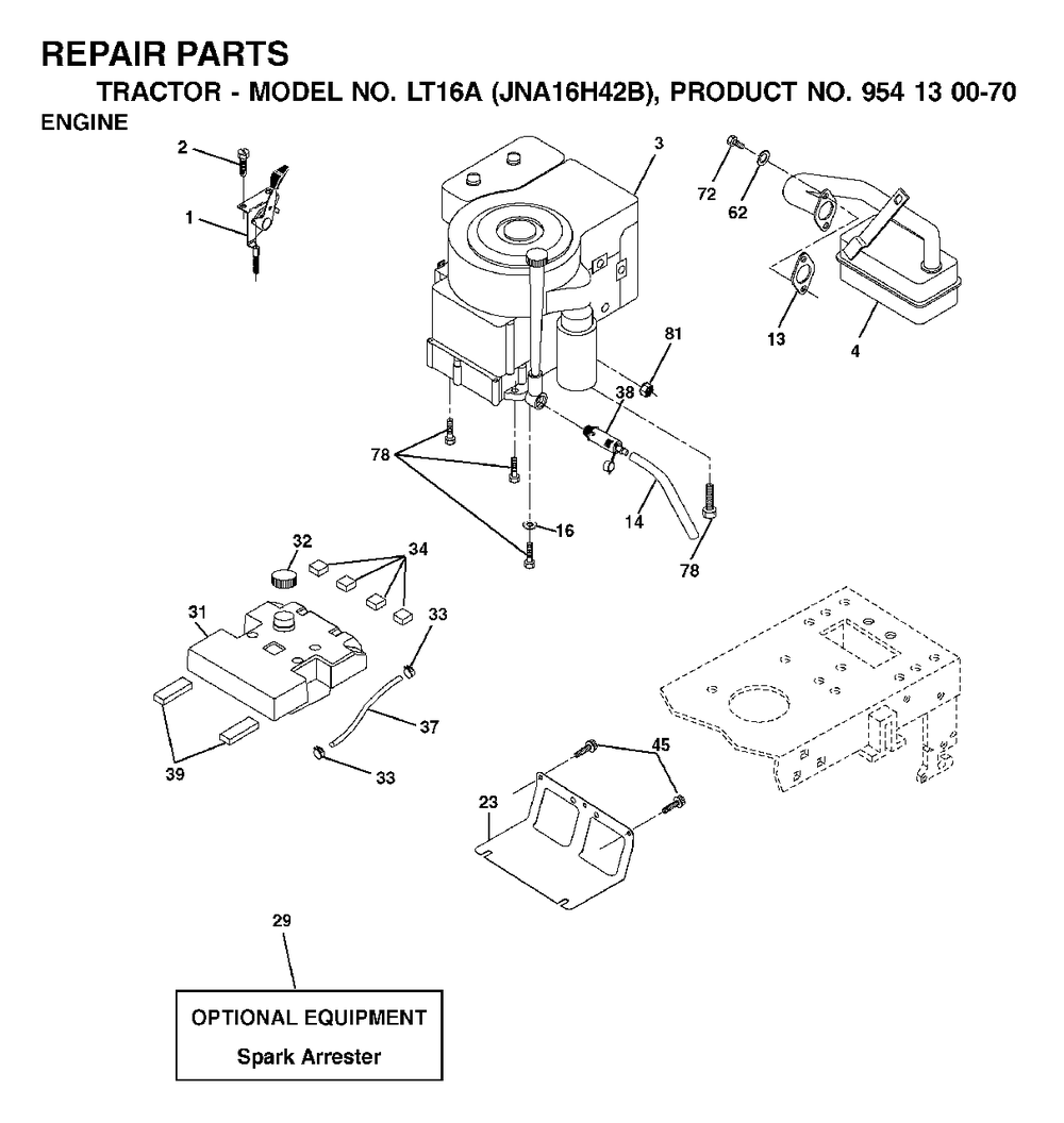 Engine Cutting Equipment Diagram and Parts List for LT16A (954130070)(2003-01) Jonsered Lawn Tractor