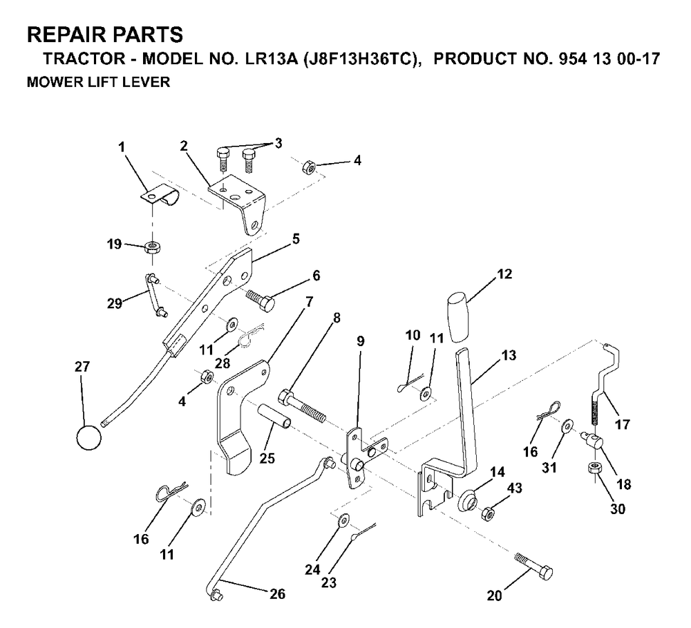 Mower Lift Lever Diagram and Parts List for LR13A (954130017)(2000-02) Jonsered Lawn Tractor