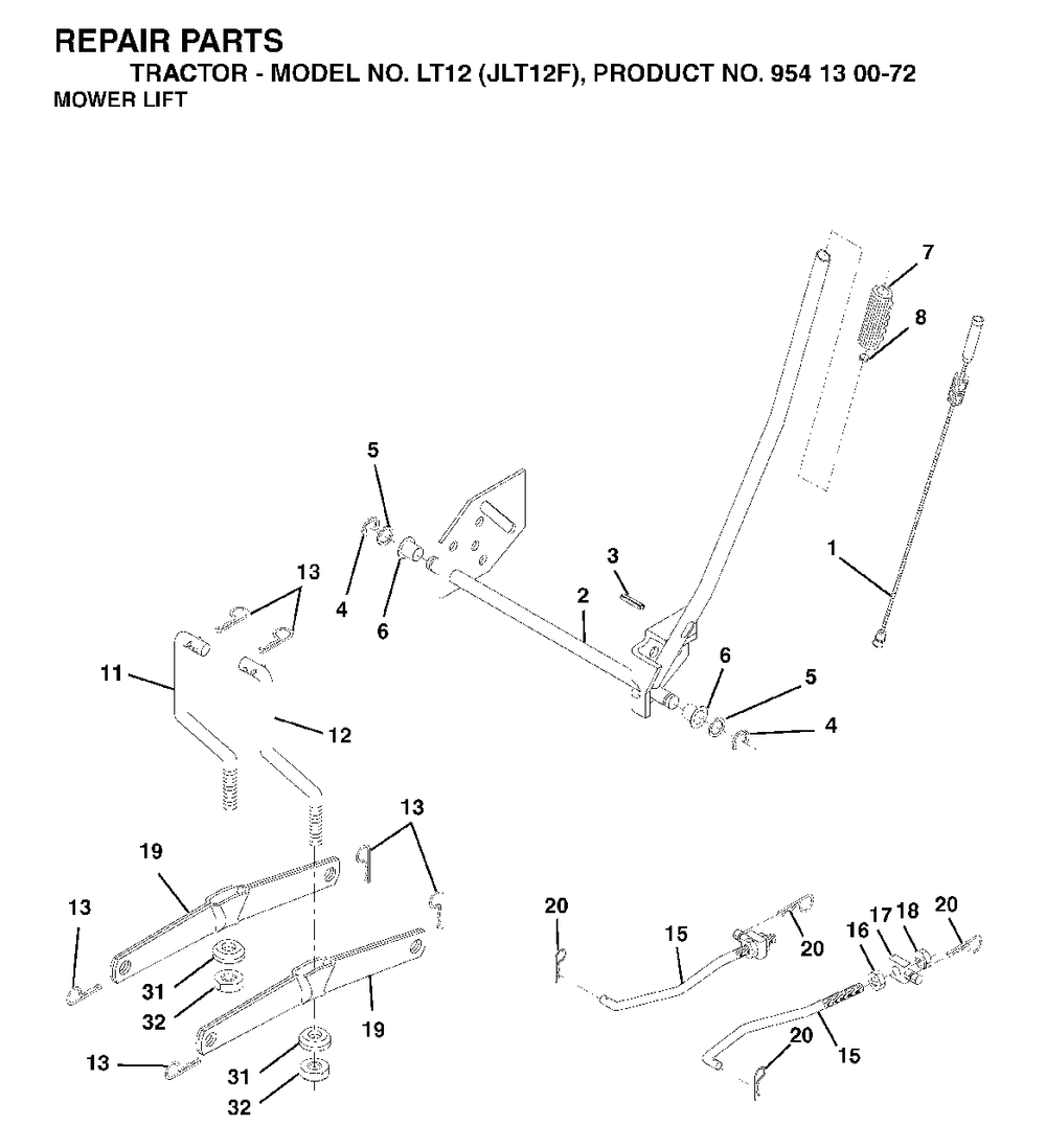 Mower Lift / Deck Lift Diagram and Parts List for LT12 (954130072)(2003-01) Jonsered Lawn Tractor