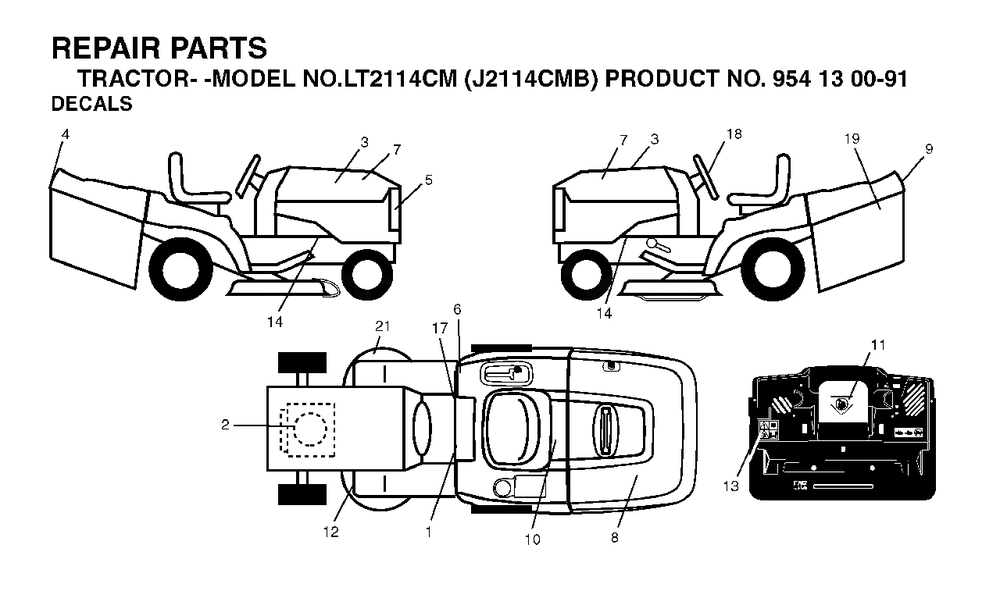 Decals Diagram and Parts List for LT2114CM (954130091)(2003-05) Jonsered Lawn Tractor