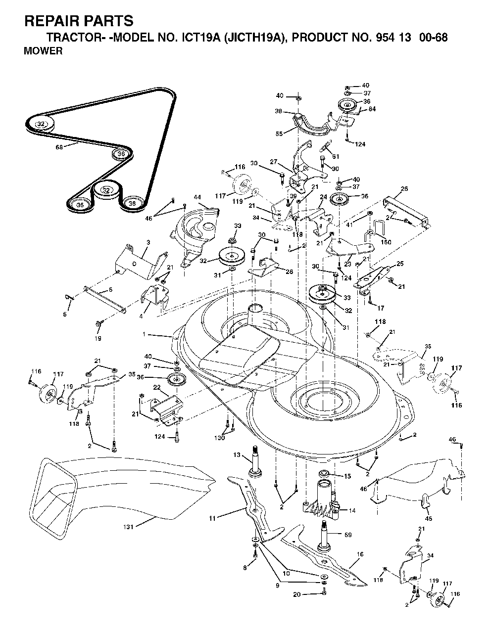 Mower Deck / Cutting Deck Diagram and Parts List for ICT19A (954130068)(2002-02) Jonsered Lawn Tractor