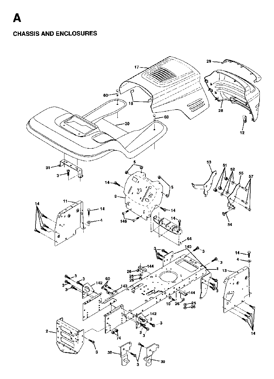 Chassis Enclosures Diagram and Parts List for LTH18 (954130005)(1997-04) Jonsered Lawn Tractor