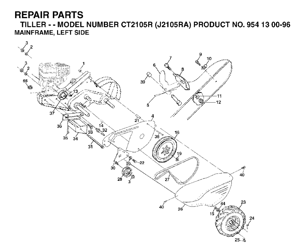 Mainframe Left Side Diagram and Parts List for CT2105R (954130096)(2003-01) Jonsered Tiller