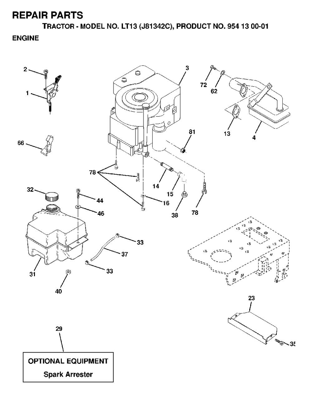 Engine Cutting Equipment Diagram and Parts List for LT13 (954130001)(1998-12) Jonsered Lawn Tractor