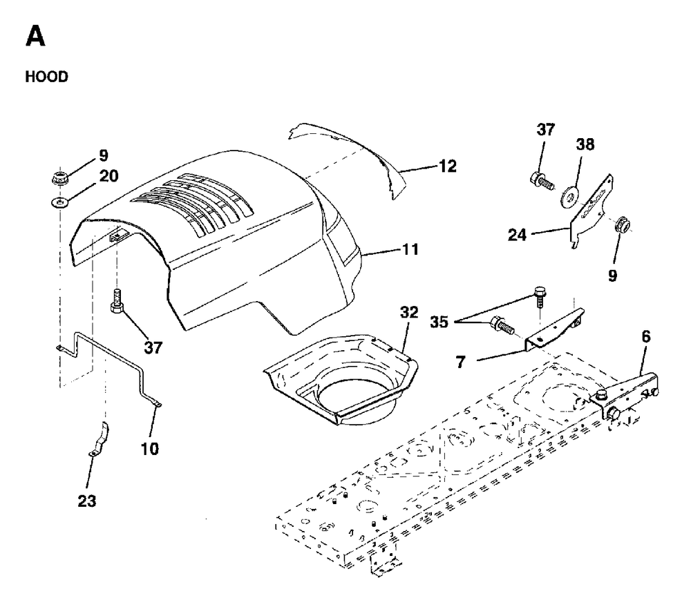 Hood Diagram and Parts List for LR12 (954003411)(1997-04) Jonsered Lawn Tractor