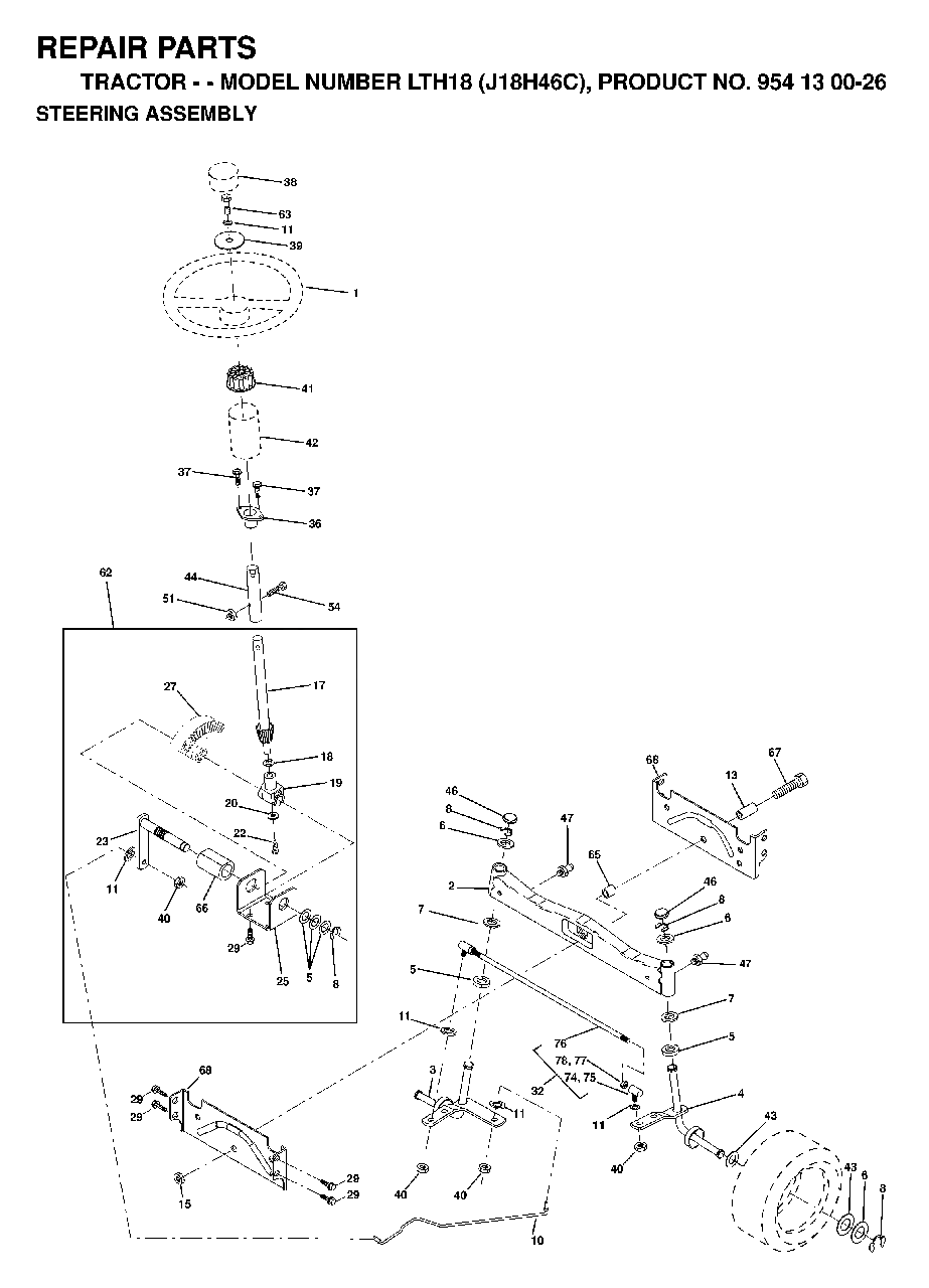 Steering Diagram and Parts List for LTH18 (954130026)(1998-12) Jonsered Lawn Tractor