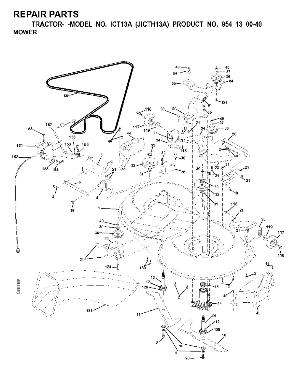 Mower Deck / Cutting Deck Diagram and Parts List for ICT13A (954130040)(2000-02) Jonsered Lawn Tractor