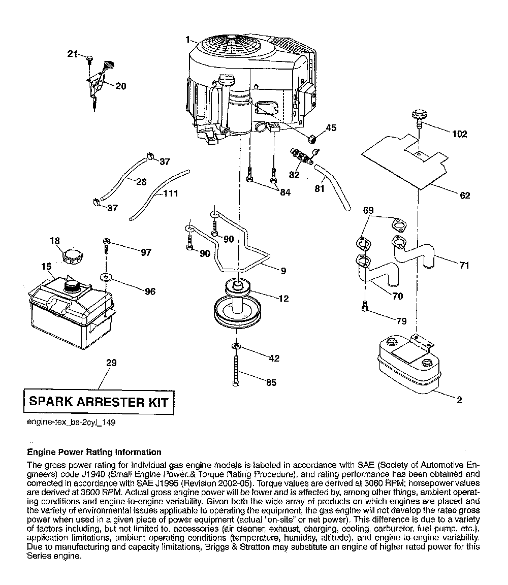 Engine Diagram and Parts List for 96043019700  Jonsered Lawn Tractor