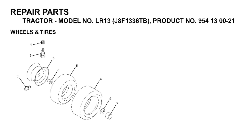 Wheels Tires Diagram and Parts List for LR13 (954130021)(1998-12) Jonsered Lawn Tractor