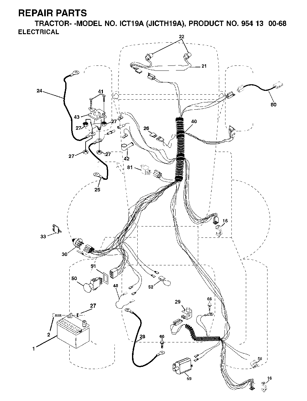 Electrical Diagram and Parts List for ICT19A (954130068)(2002-02) Jonsered Lawn Tractor