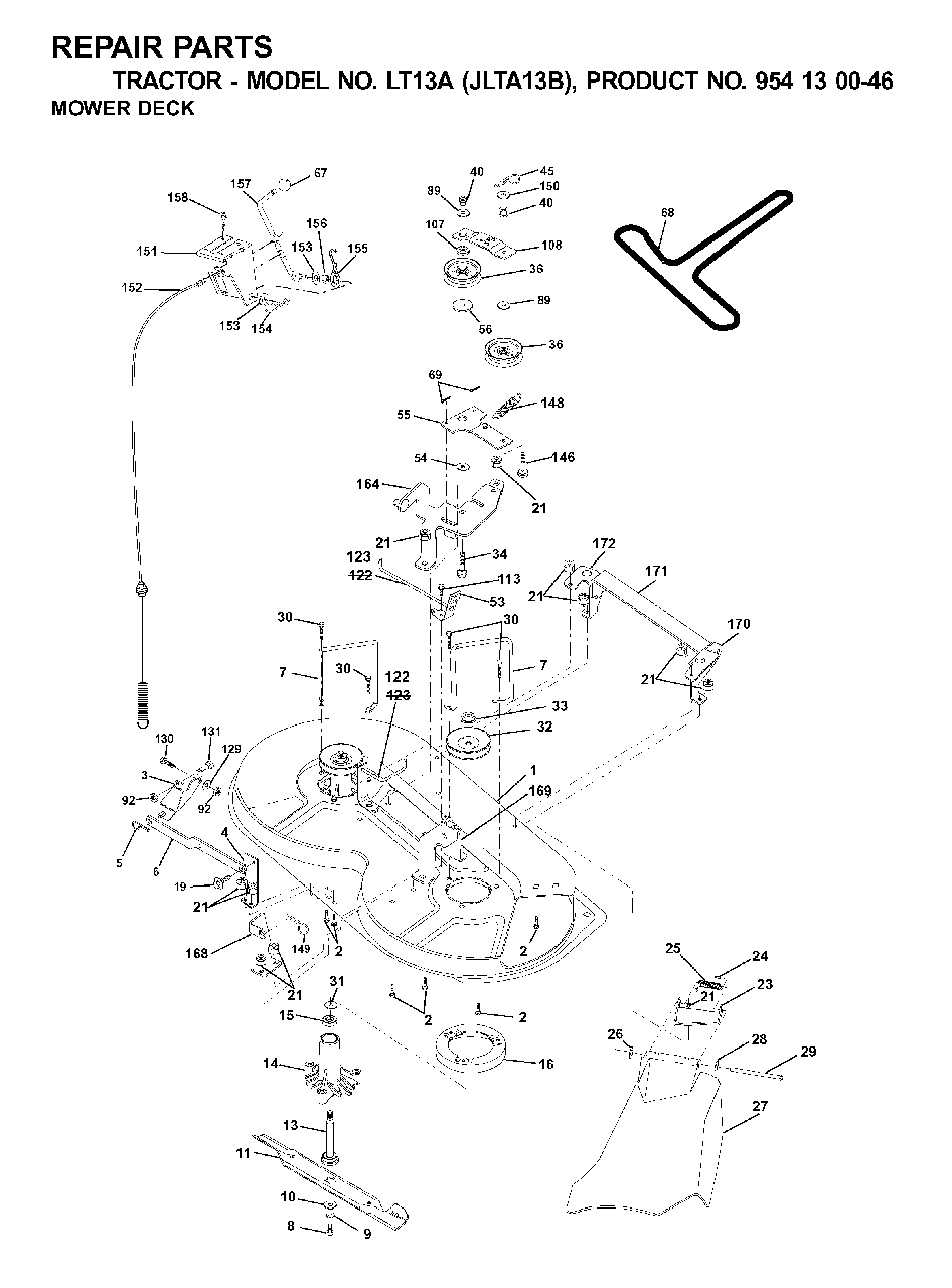 Mower Deck / Cutting Deck Diagram and Parts List for LT13A (954130046)(2001-02) Jonsered Lawn Tractor